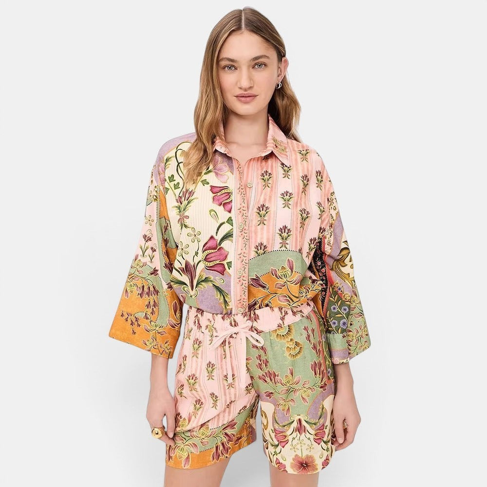 Allzom women's floral print linen shirt and shorts set in pink, green, and orange. Loose fit, long sleeves, drawstring waist.