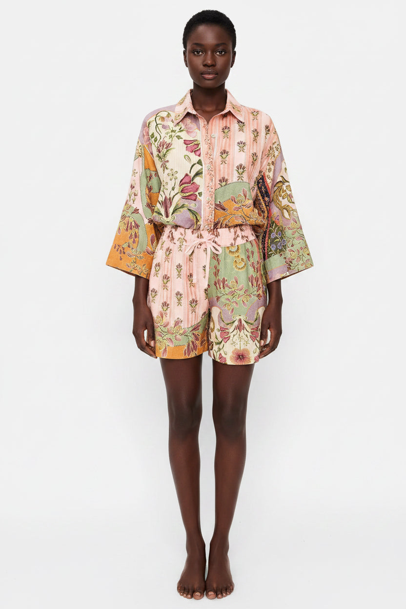 Allzom women's floral print linen shirt and shorts set in pink, green, and orange. Loose fit, long sleeves, drawstring waist.