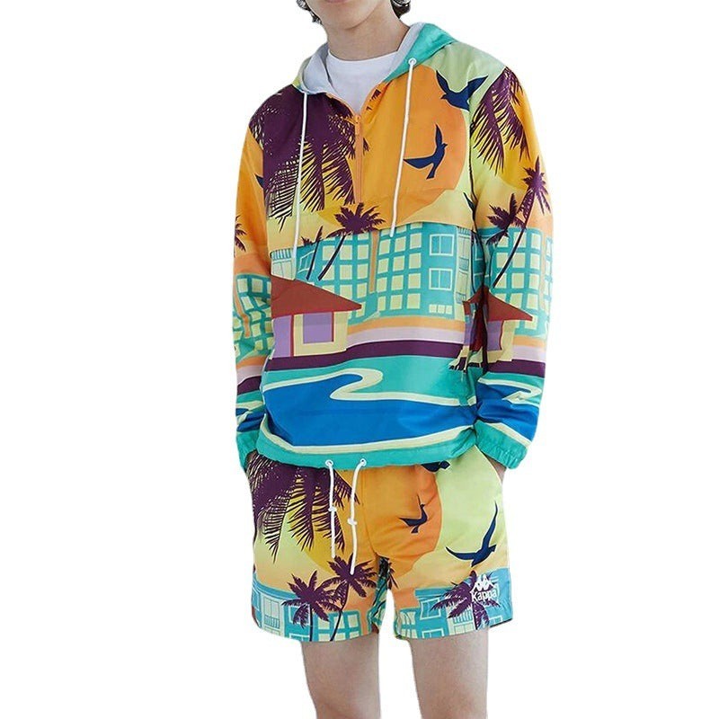 Allzom men's two-piece set with a colourful graphic print featuring palm trees, houses, and birds. Includes a hooded sweater and shorts.