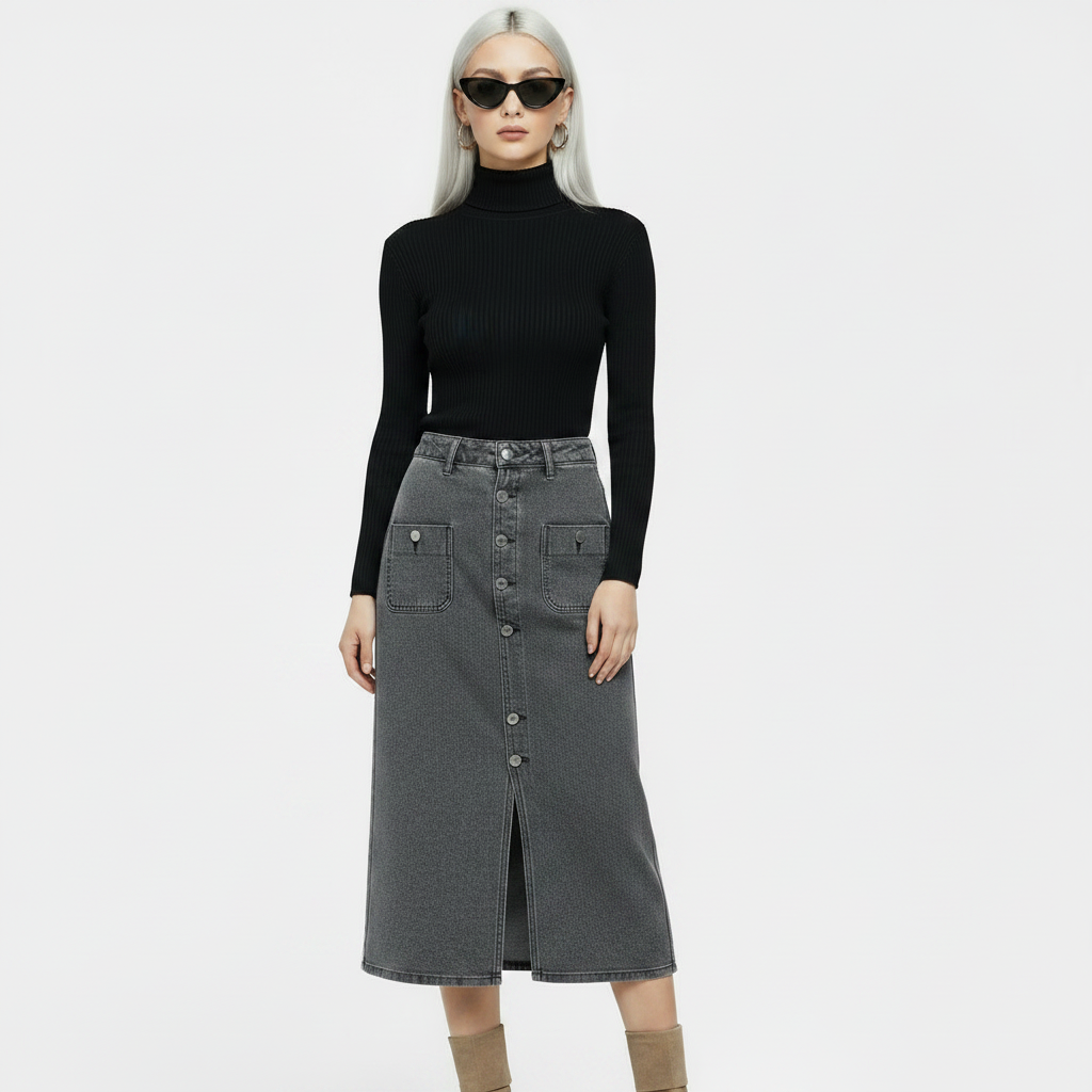 Women's Gray Split Button Front Denim Midi Skirt