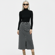 Women's Gray Split Button Front Denim Midi Skirt