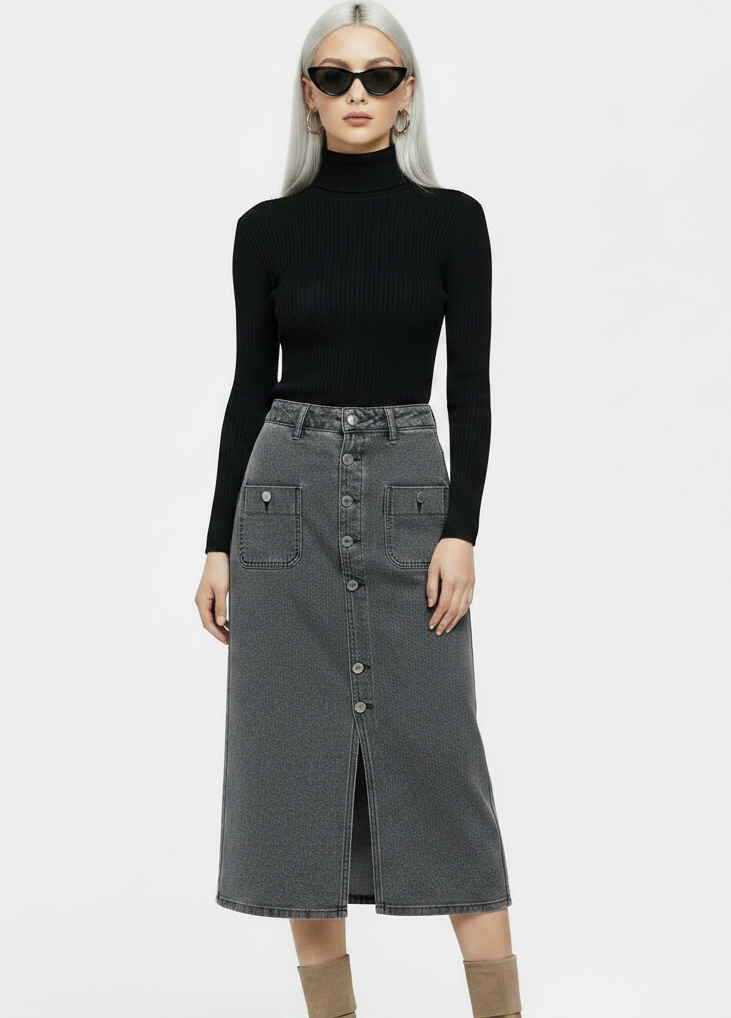Women's Gray Split Button Front Denim Midi Skirt