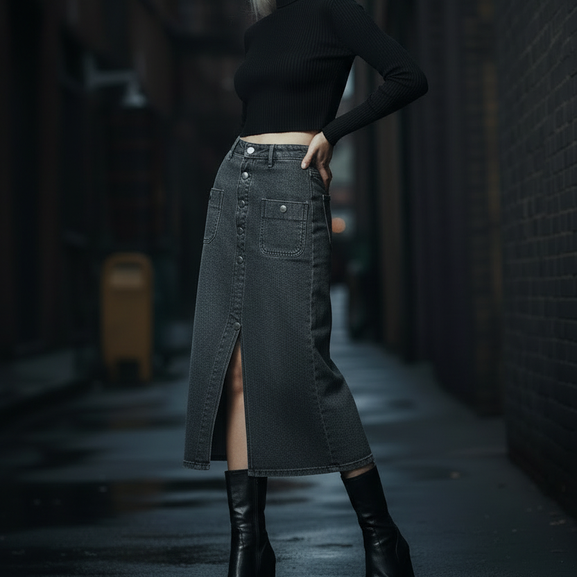 Women's Gray Split Button Front Denim Midi Skirt