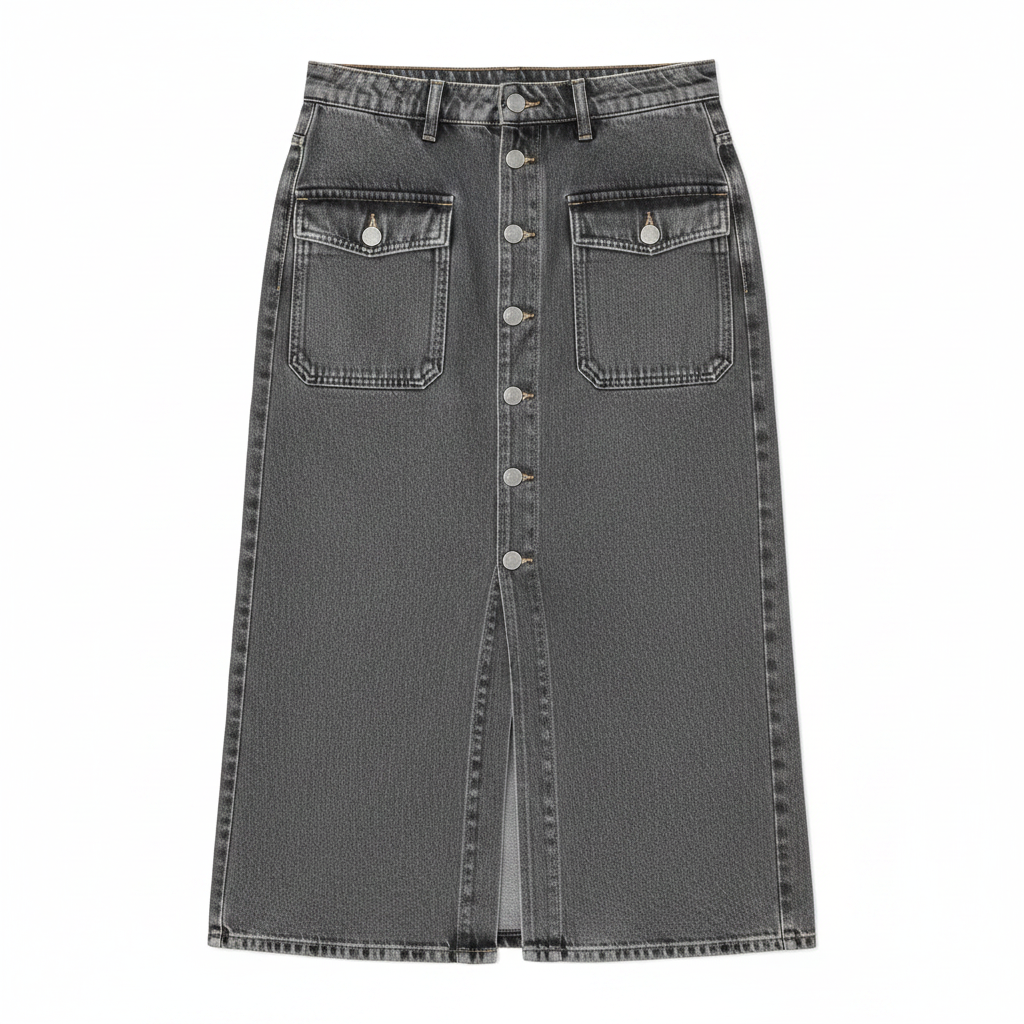 Women's Gray Split Button Front Denim Midi Skirt