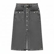 Women's Gray Split Button Front Denim Midi Skirt