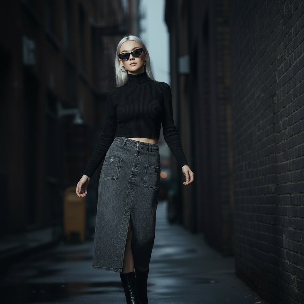 Women's Gray Split Button Front Denim Midi Skirt