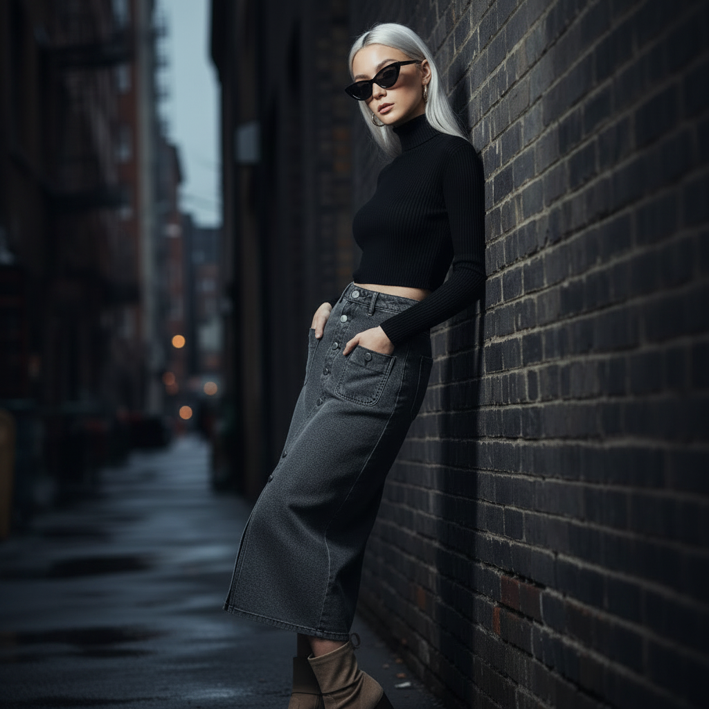 Women's Gray Split Button Front Denim Midi Skirt