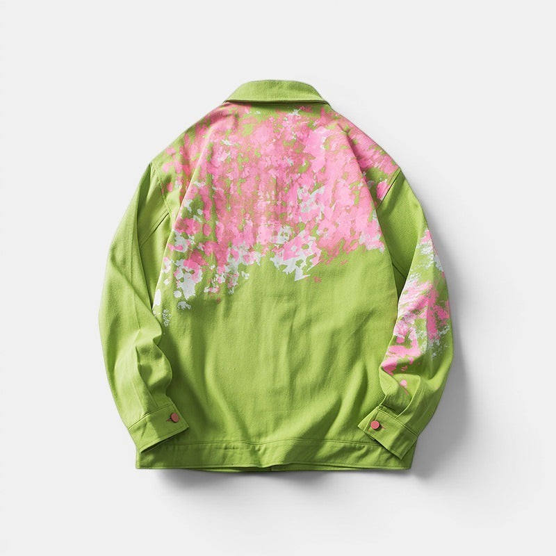 Allzom men's green lapel jacket with pink and white abstract print on back and sleeves. Lightweight spring jacket.