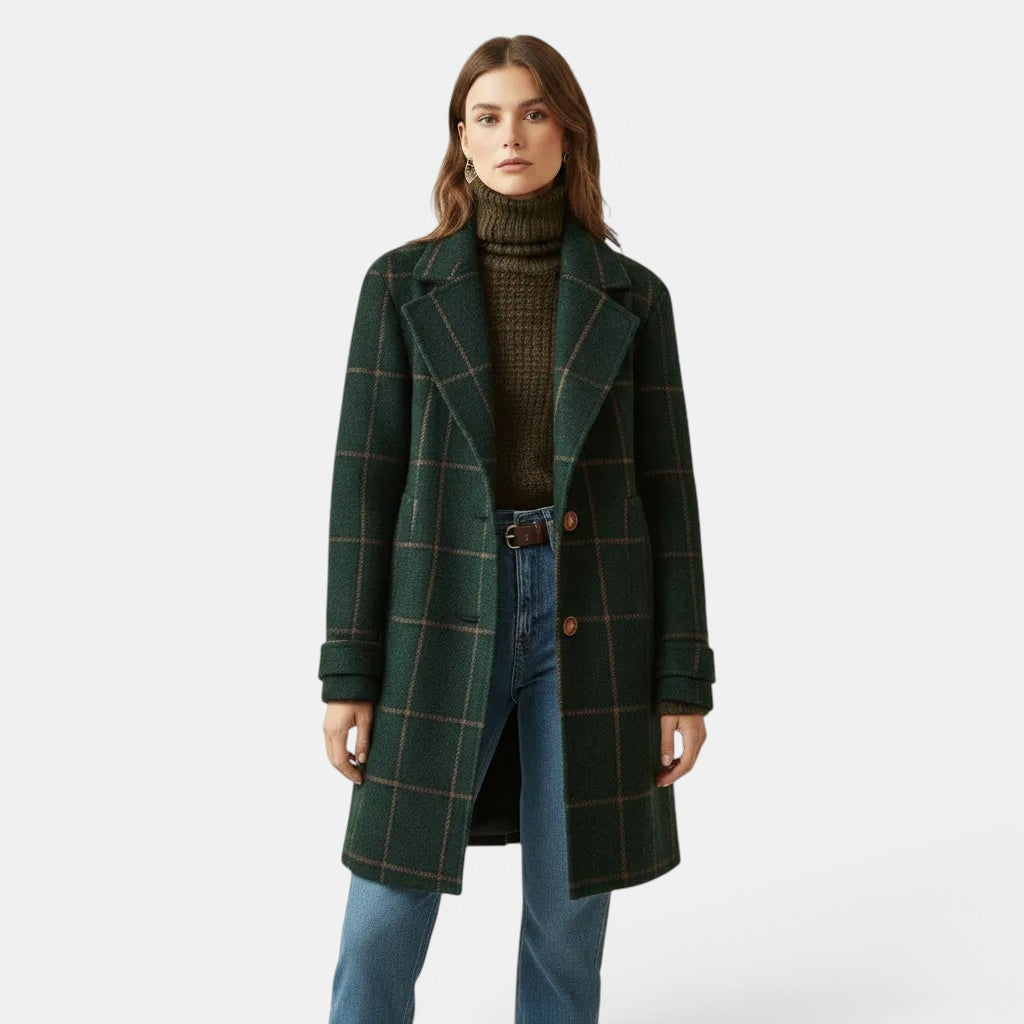 Allzom green plaid mid-length jacket with lapel collar and brown buttons, worn by a model.