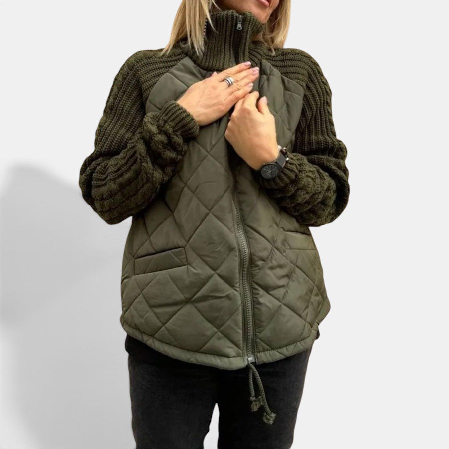 Allzom women's green quilted jacket with knitted sleeves and stand collar, featuring a zipper closure and pockets.