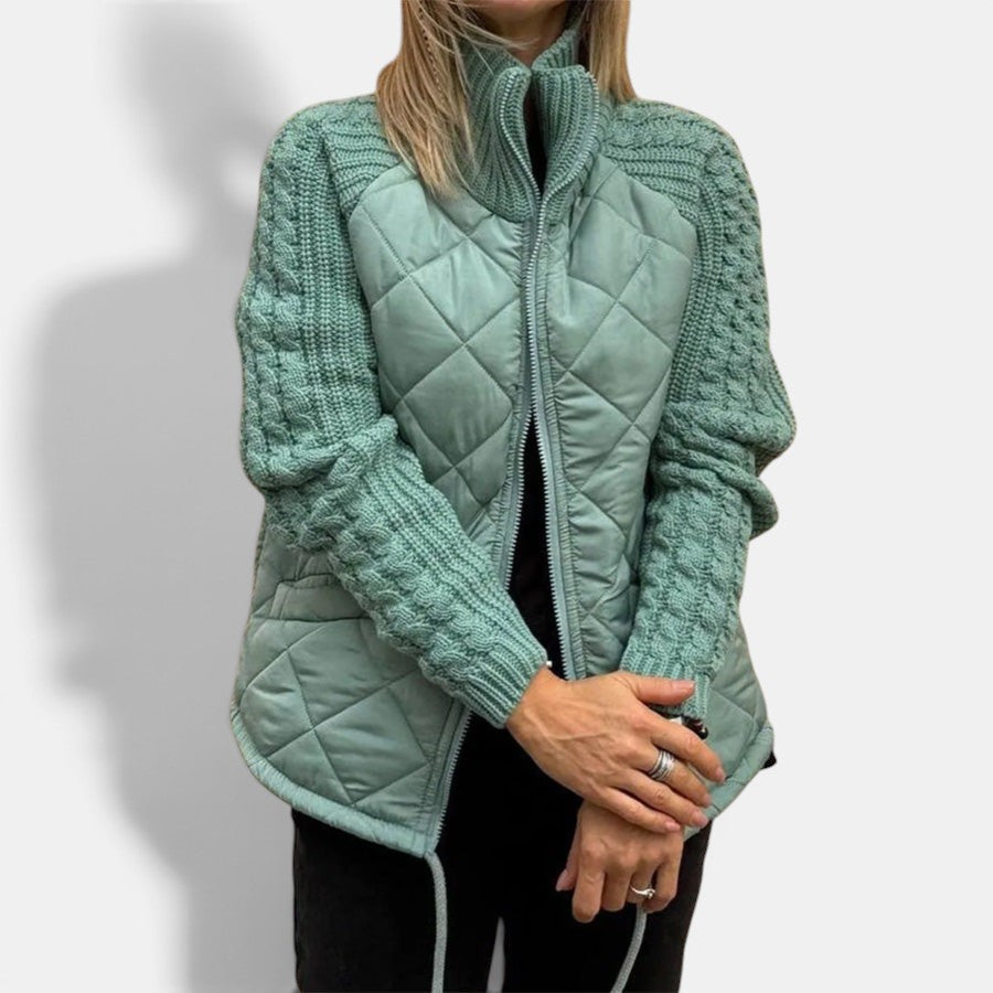 Allzom women's light green quilted jacket with knitted sleeves and stand collar, featuring a zipper closure.