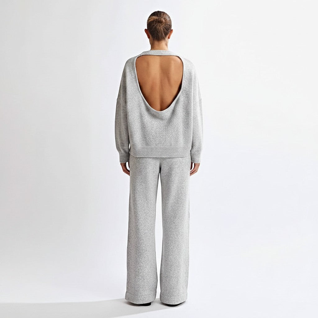 Allzom grey knit sweater with a backless design and matching wide-leg pants. Soft textured fabric.