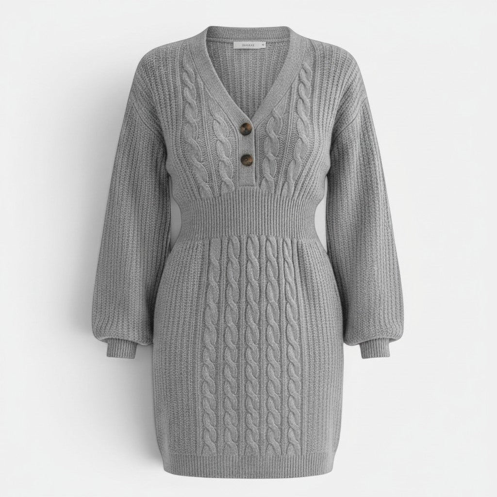 Allzom grey cable knit button-front mini dress with V-neck and long balloon sleeves.