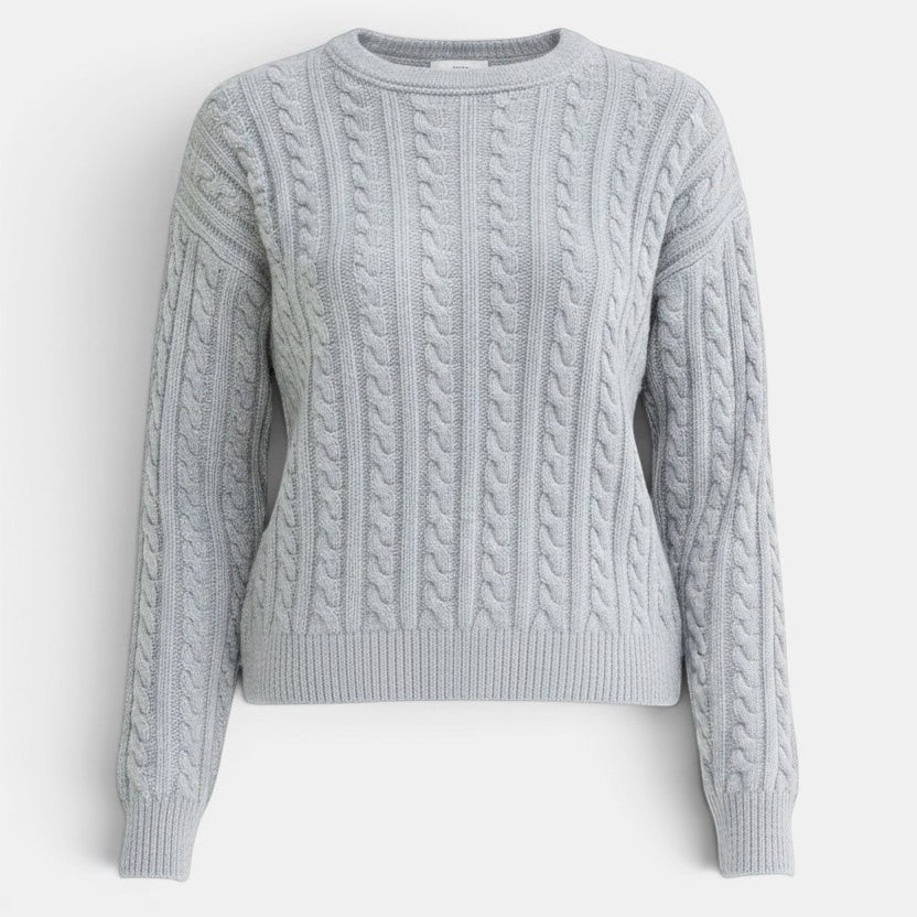 Allzom women's light grey cable knit crew neck long sleeve sweater