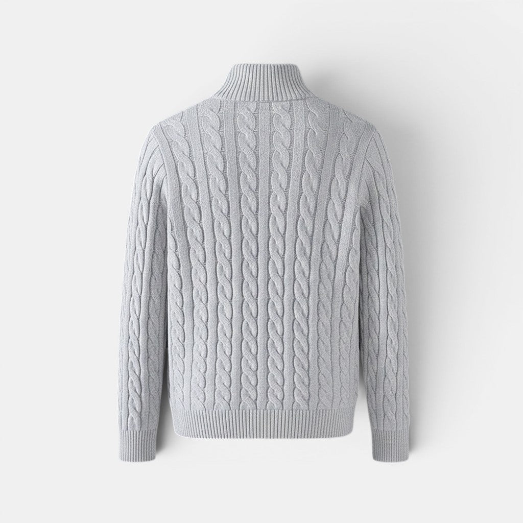 Allzom grey cable-knit zip-up sweater coat with a mock neck and oversized fit.