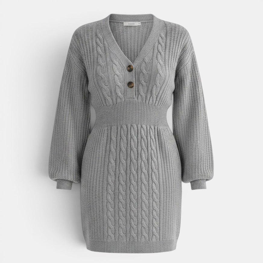 Allzom grey cable knit sweater dress with V-neck, button detail and lantern sleeves.