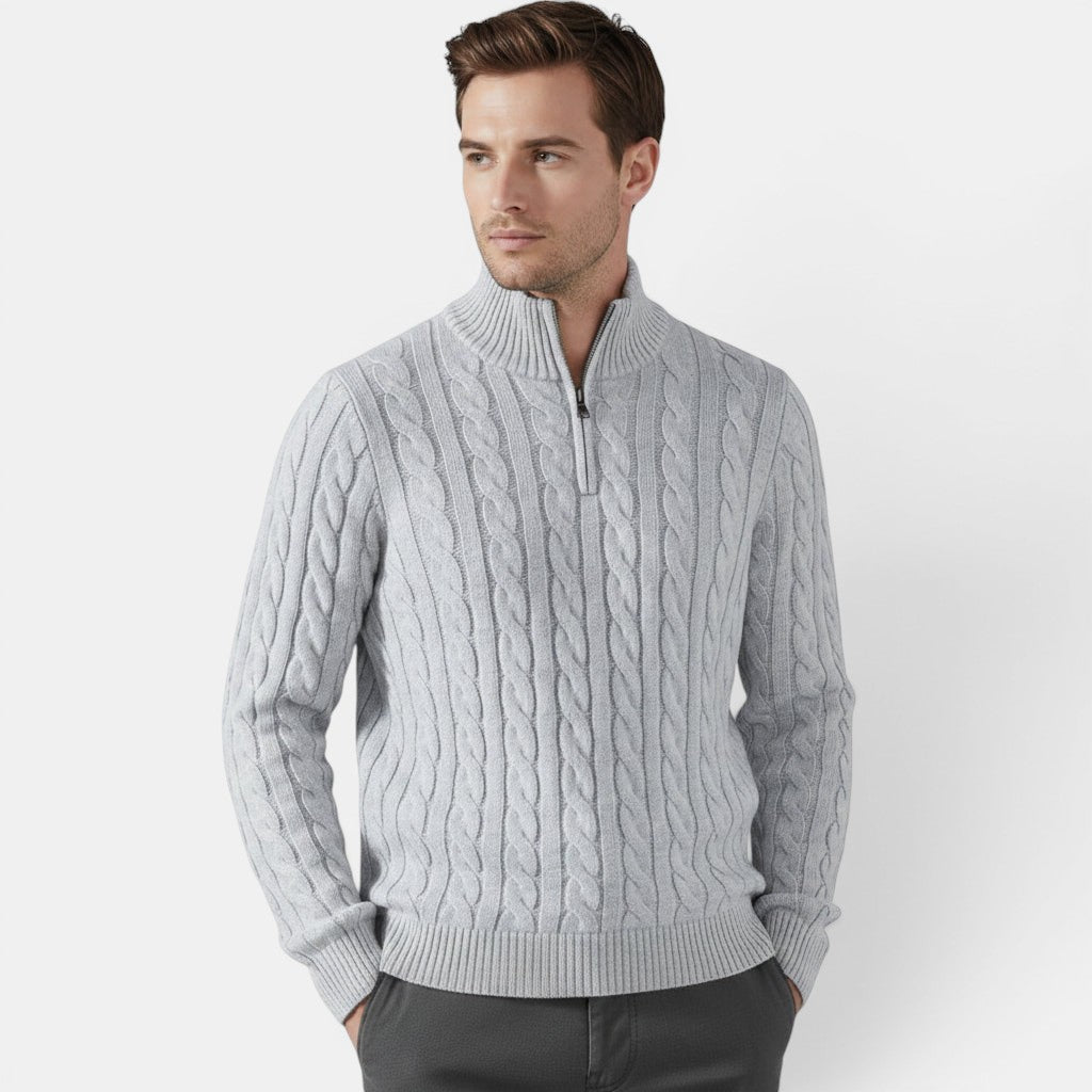 Allzom Men's light grey cable knit zip-up sweater with mock neck and ribbed cuffs and hem.