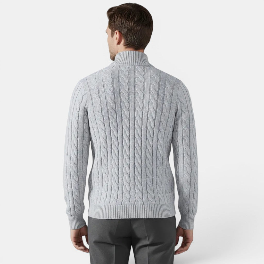 Allzom men's light grey cable knit zip-up sweater coat with a mock neck and ribbed cuffs and hem.