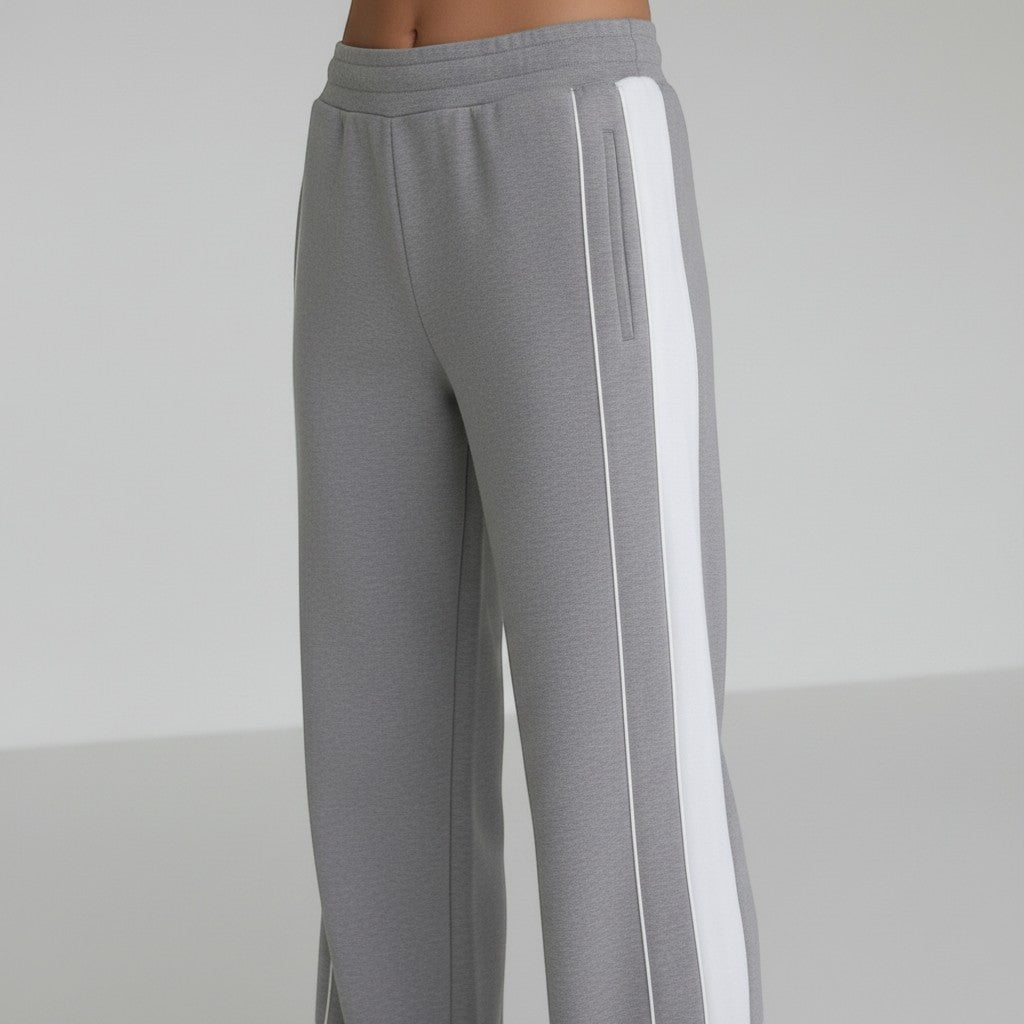 Allzom grey casual suit with contrast white side stripe detail on trousers and sweatshirt. Soft fabric.