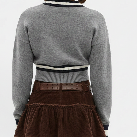 Two-Tone Contrast V-Neck Knit Sweater