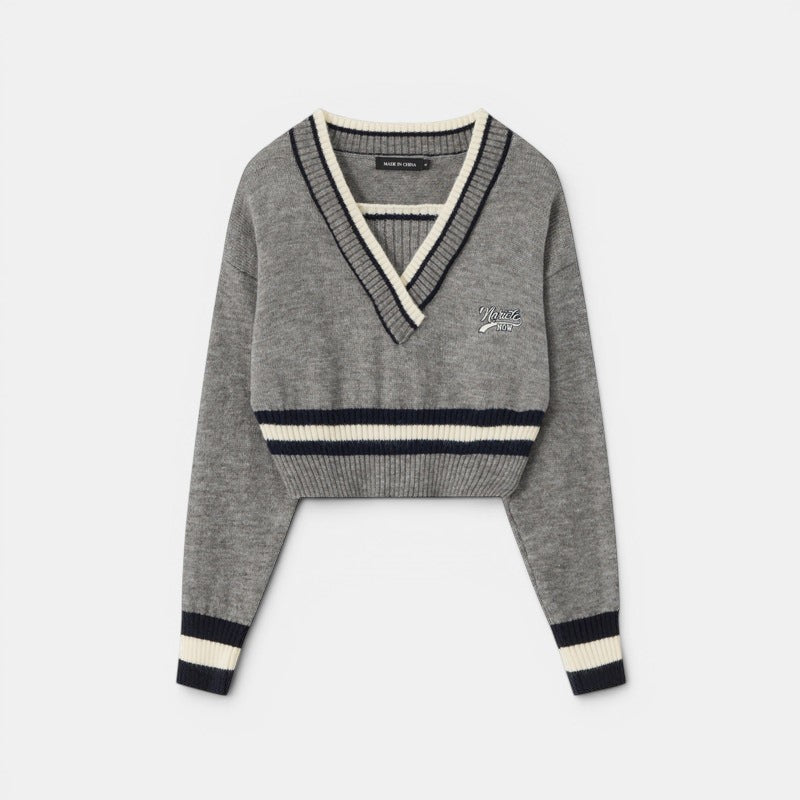 Allzom grey knit V-neck sweater with contrast navy and cream trim and embroidered logo on chest.
