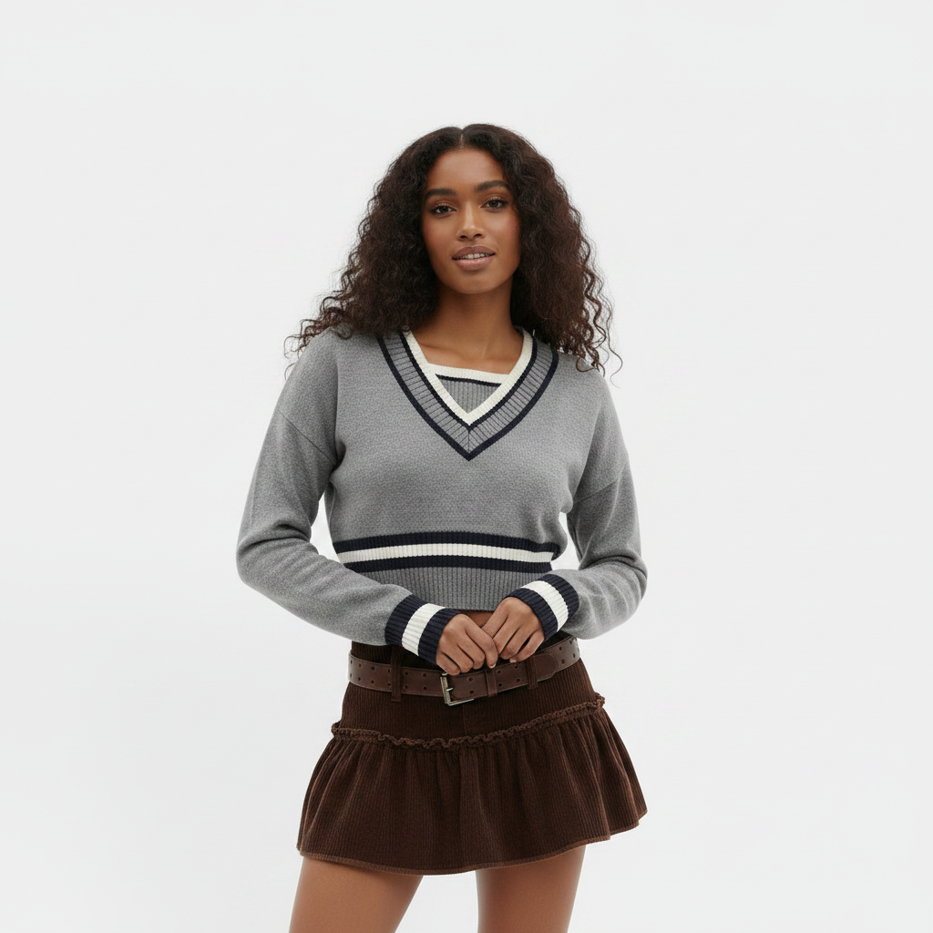 Two-Tone Contrast V-Neck Knit Sweater