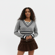 Two-Tone Contrast V-Neck Knit Sweater