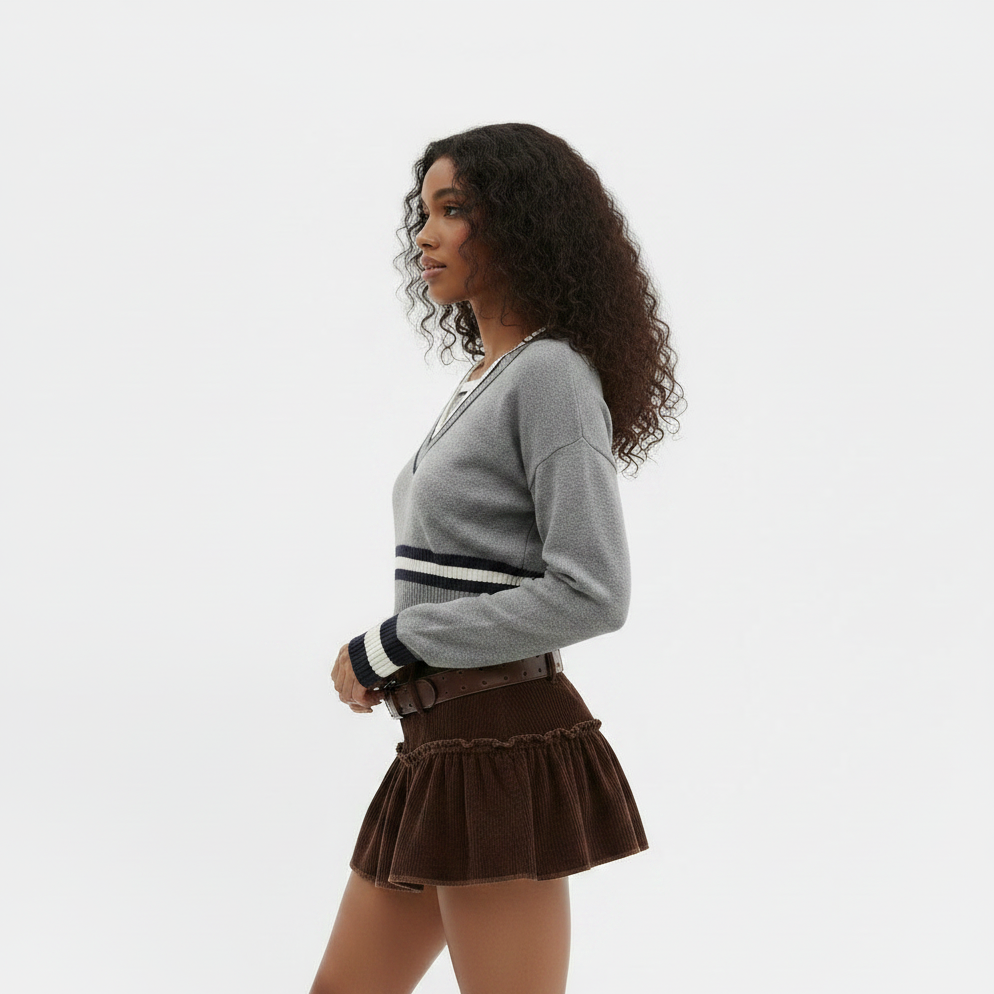 Two-Tone Contrast V-Neck Knit Sweater