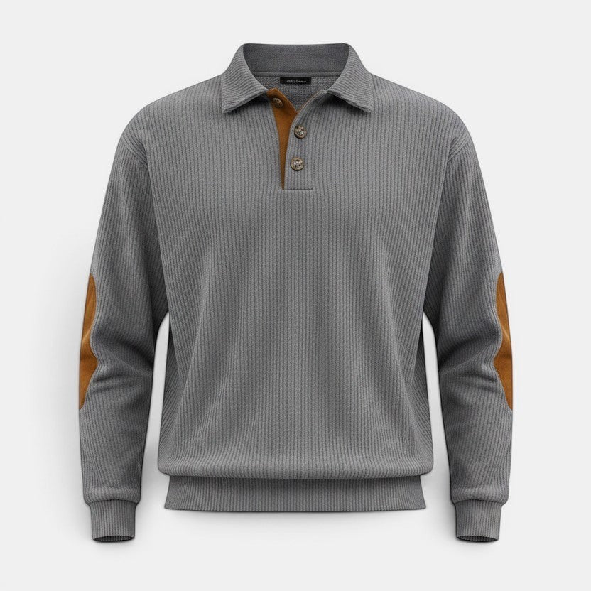 Allzom grey corduroy pullover sweatshirt with brown elbow patches and button collar