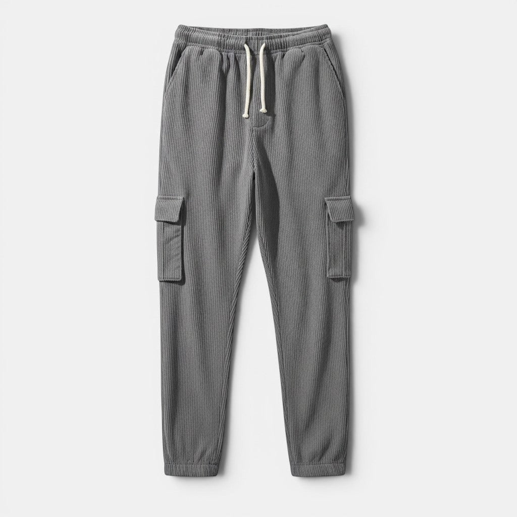 Allzom grey corduroy cargo sweatpants with drawstring waist and elasticated cuffs. Relaxed fit.