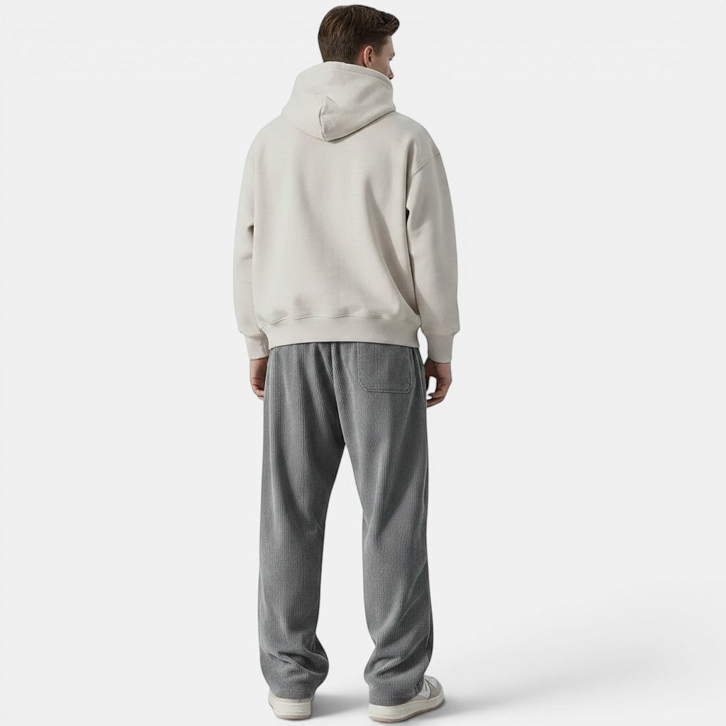 Allzom Men's grey corduroy straight-leg trousers with a relaxed fit, shown from the back.