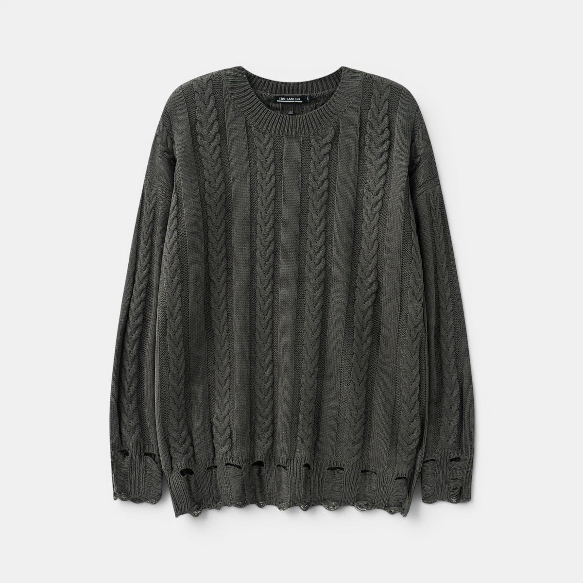 Allzom grey twist-weave knit sweater with distressed hem and round neck. Long sleeves, artisanal texture.