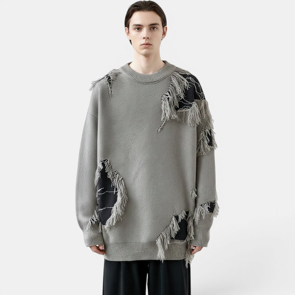 Allzom men's grey loose knit sweater with distressed details and black patchwork. Retro idle style.