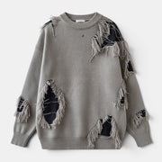 Allzom grey knit sweater with distressed details, frayed edges and black patchwork. Loose fit, retro idle style.