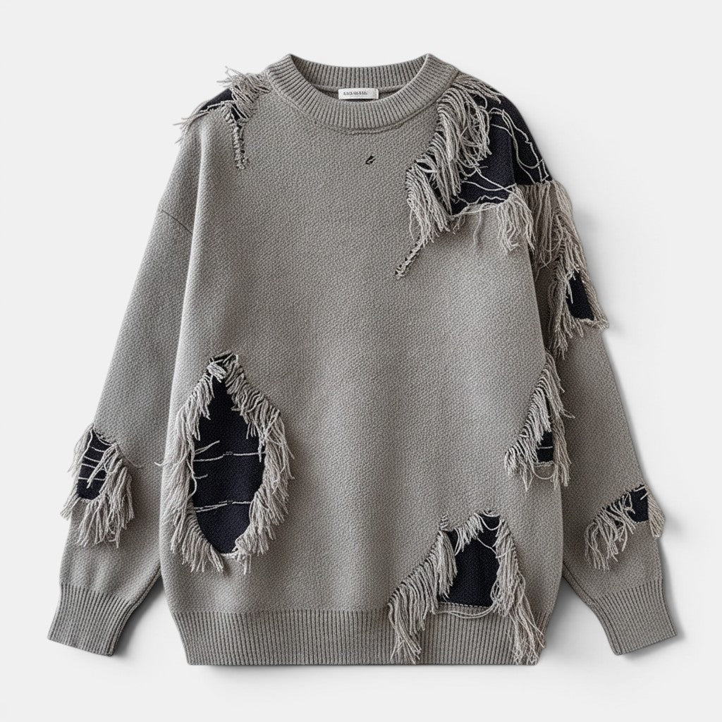Allzom grey knit sweater with distressed details, frayed edges and black patchwork. Loose fit, retro idle style.