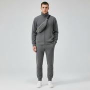 Allzom Men's grey polar fleece lapel coat and matching trousers set with a grey bum bag.