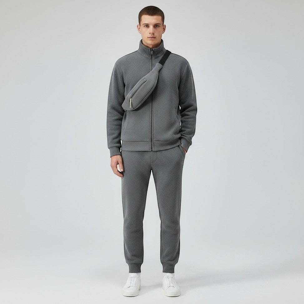 Allzom Men's grey polar fleece lapel coat and matching trousers set with a grey bum bag.