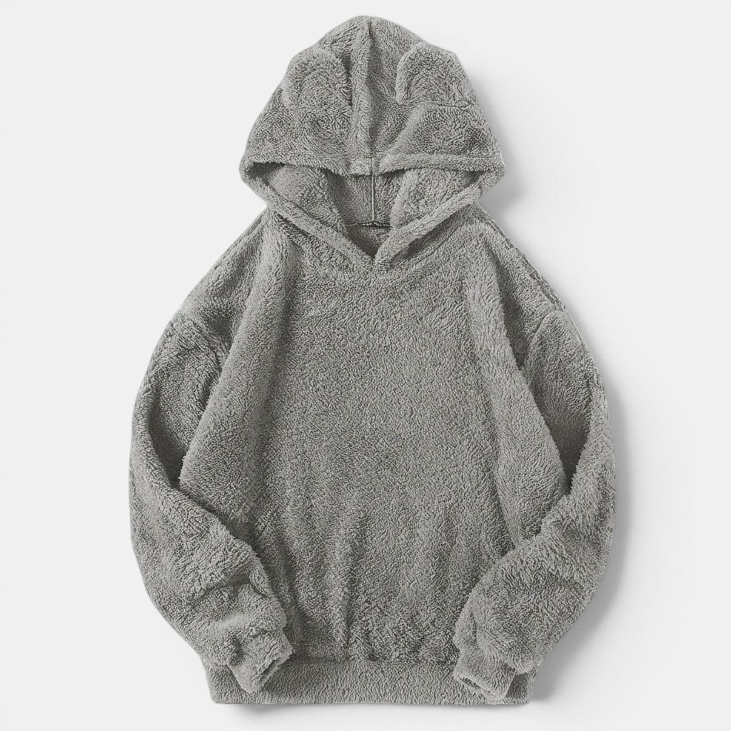 Allzom grey fluffy hooded sweater with rabbit ears, made of soft fleece, perfect for casual wear.