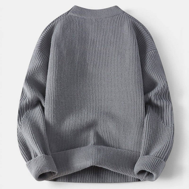 Allzom men's grey knit coat sweater, loose fit, ribbed texture, mock neck, ideal for autumn/winter.