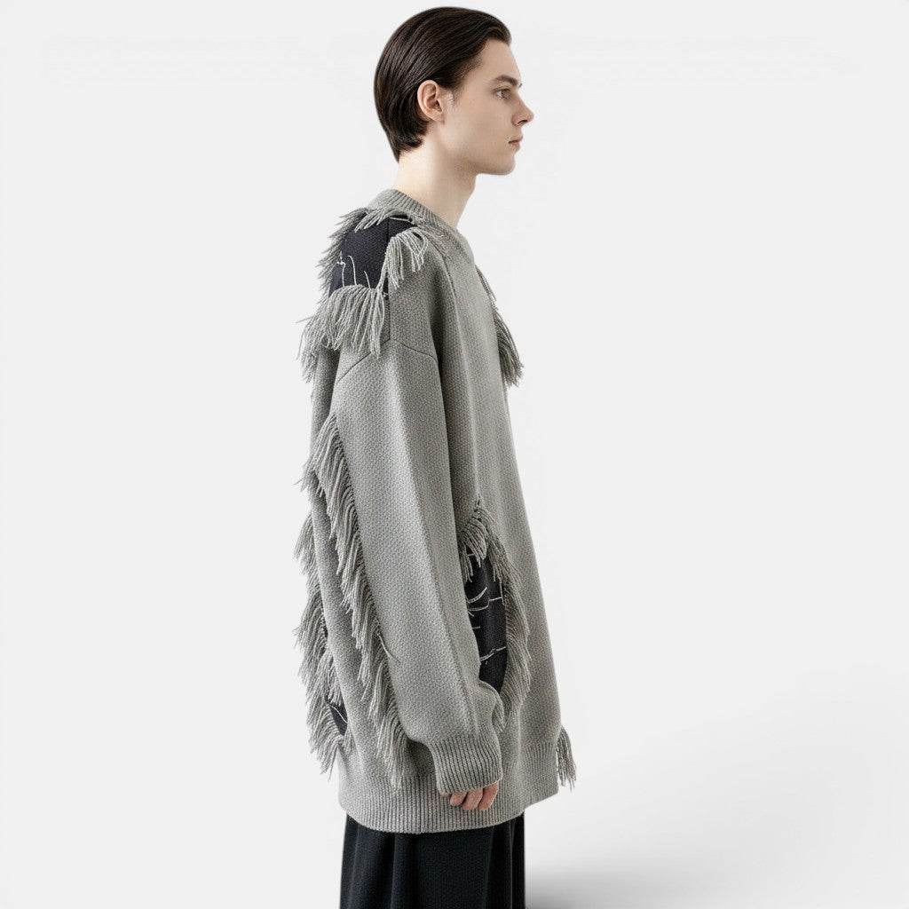 Allzom men's grey knit sweater with fringe detailing and dark panel accents. Loose fit, retro idle style.