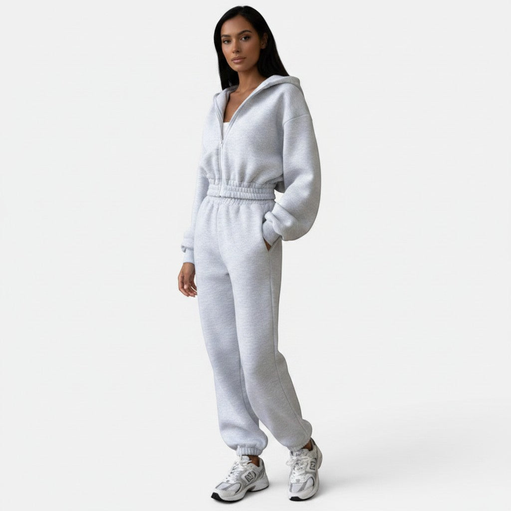 Allzom grey knit hooded zip-up crop top with elasticated waist and matching ankle-banded sweatpants.