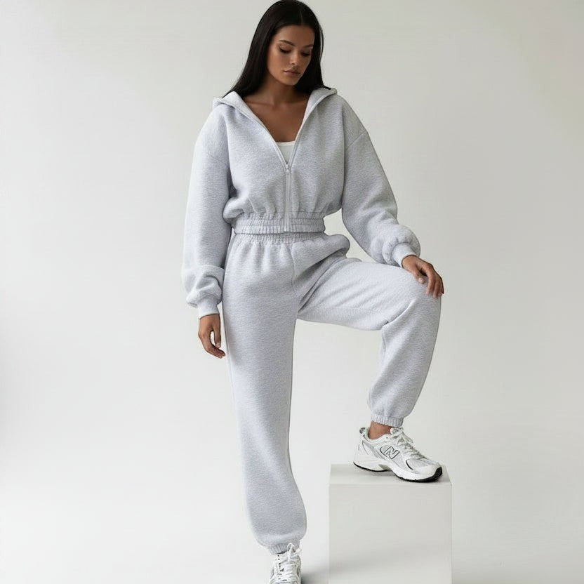 Allzom grey knit hooded zip-up crop top and matching ankle-banded sweatpants sports suit.