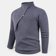 Allzom men's grey knit pullover sweater with stand collar and slanted button closure