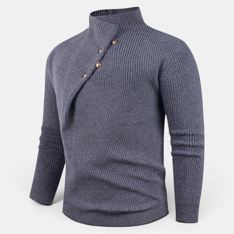 Allzom men's grey knit pullover sweater with stand collar and slanted button closure