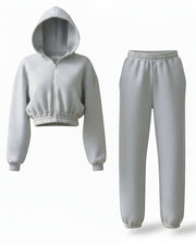 Allzom grey hooded knit top and ankle-banded pants sports suit. Soft knit fabric, zip-up hoodie, elastic waistband.