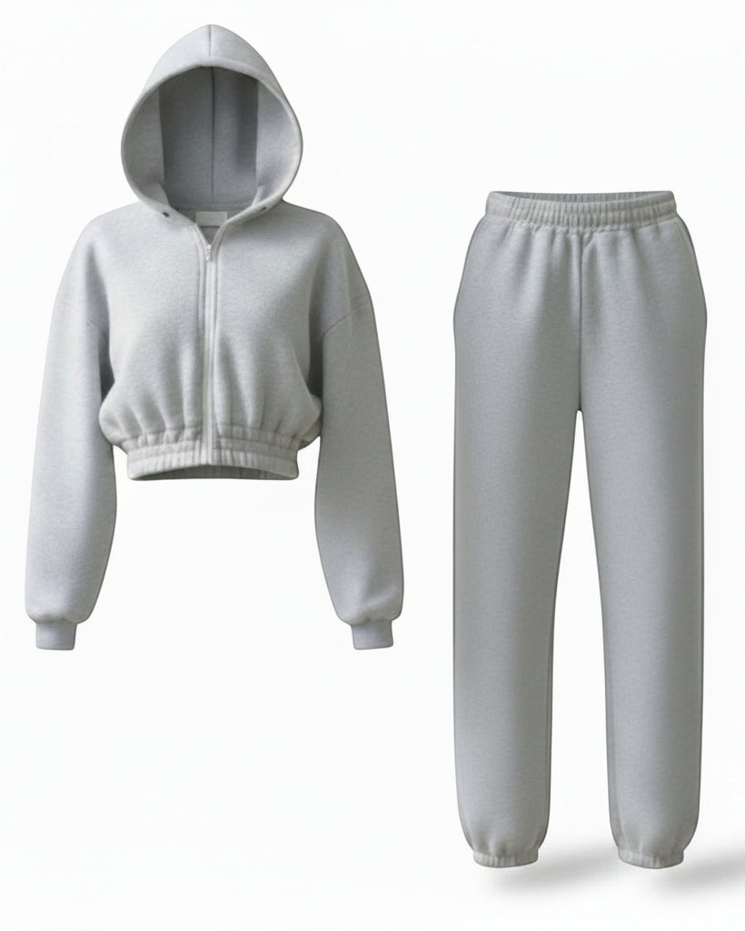 Allzom grey hooded knit top and ankle-banded pants sports suit. Soft knit fabric, zip-up hoodie, elastic waistband.