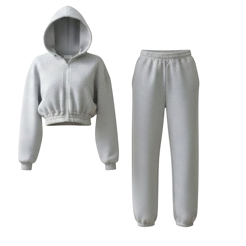Allzom grey hooded knit top and ankle-banded pants sports suit. Soft knit fabric, zip-up hoodie, elastic waistband.