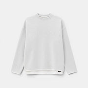 Allzom men's light grey loose fit round neck knit sweater with raw hem detail
