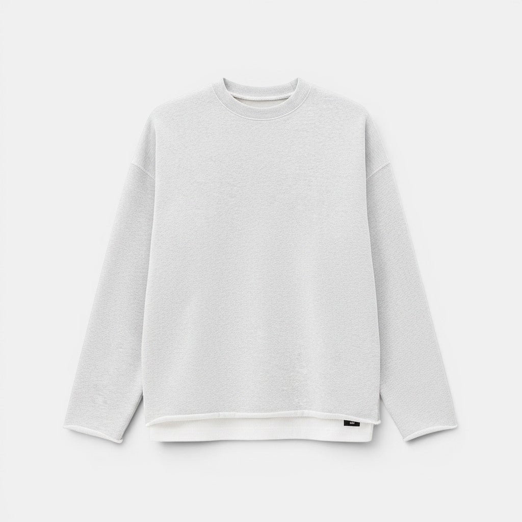 Allzom men's light grey loose fit round neck knit sweater with raw hem detail