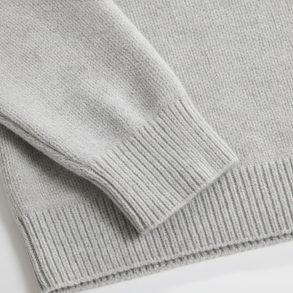Allzom grey knit sweater with ribbed cuffs and hem, part of a backless set.